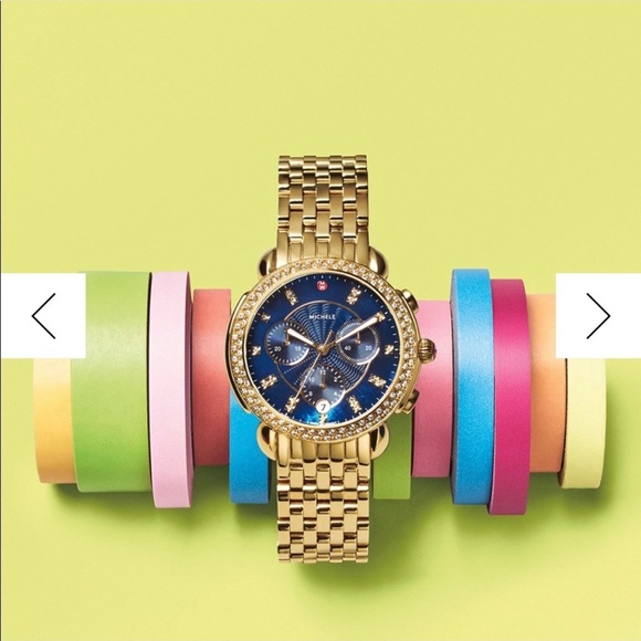 ISO Michele Gold Sidney Watch with Colbalt Blue Dial and Diamond Case - Picture 2 of 2